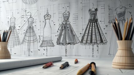 Fashion sketches adorning a pristine white studio wall, embodying creative inspiration