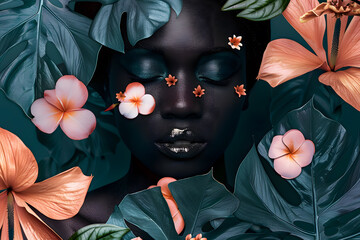 A Fashion Collage art of beautiful African woman with flowers and leaves in pastel colors