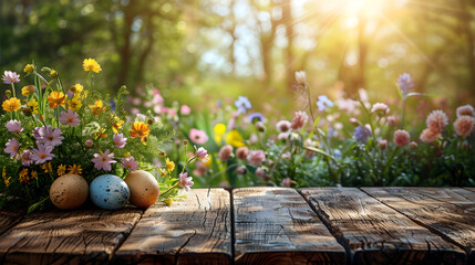 A festive Easter or spring-themed display with colorful flowers and eggs on a wooden table, perfect for seasonal decoration and celebration. - obrazy, fototapety, plakaty