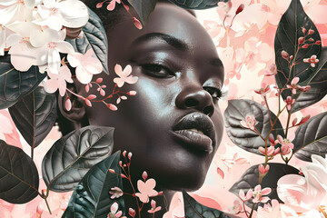 A Fashion Collage art of beautiful African woman with flowers and leaves in pastel colors