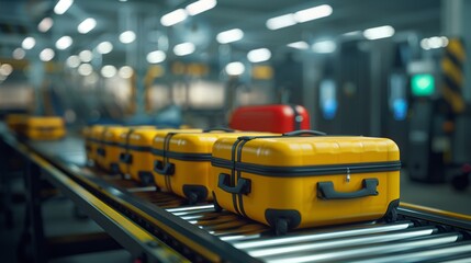 Bright suitcases gliding smoothly along a conveyor belt at the airport