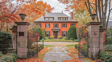 The vibrant foliage of fall frames a Cleveland house in Colonial Revival style, its pumpkin orange...