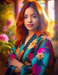 Fictive Young Red Hair Woman Wearing A Beautifully Embroidered Silk Floral Kimono