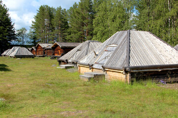 Old village with wooden houses in Sweden. Abandoned village