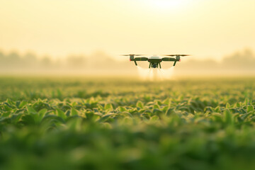 Agricultural Drone Flying Over Crop Field at Sunrise