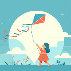 Illustration of a child playing with kite. flat design style