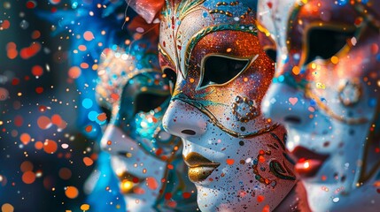 Festive masks swirling amidst a carnival of color, adding to the revelry