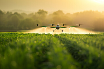 Agricultural Drone Spraying Fertilizer on Crop Field at Sunrise