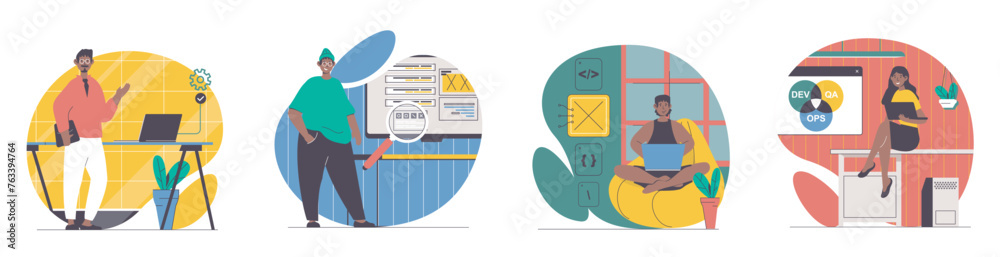 Fototapete DevOps concept with people scenes set in flat web design. Bundle of character situations with men and women developing software and teams collaborating in programming processes. Vector illustrations.