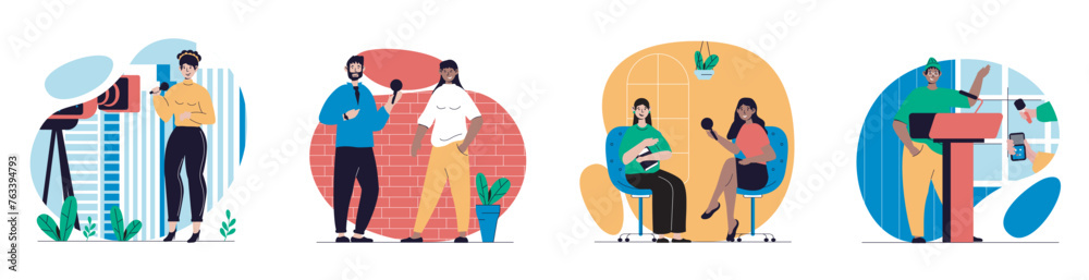 Fototapete Journalism concept with people scenes set in flat web design. Bundle of character situations with reporters and journalists with microphones works in mass media, news tv shows. Vector illustrations.
