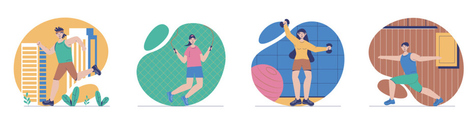 Fitness concept with people scenes set in flat web design. Bundle of character situations with men and women running, exercising with jumping rope, dumbbell training, doing yoga. Vector illustrations. - obrazy, fototapety, plakaty