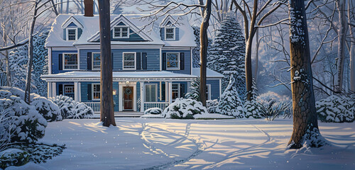 Twilight snow scene, the house in powder blue, chocolate brown door, and white trim radiating warmth