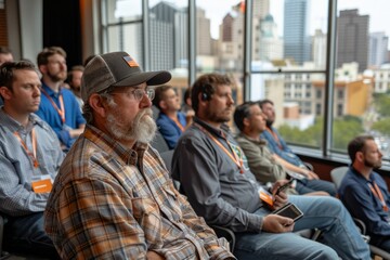Fototapeta na wymiar Bearded man attentively listening in a conference with city view.