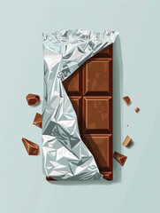 Unwrapped Dark Chocolate Bar with Pieces on Blue Background