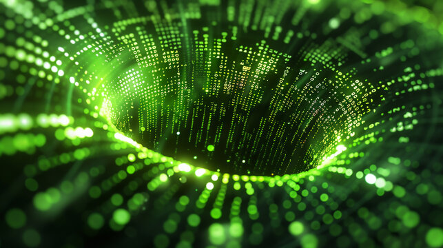 Big data vortex, numbers cascade, wide-angle, fluorescent green on black, high contrast.