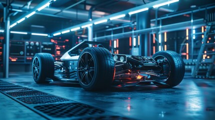 Futuristic electric sport fast car chassis and battery packs with high performance or future EV factory production - obrazy, fototapety, plakaty