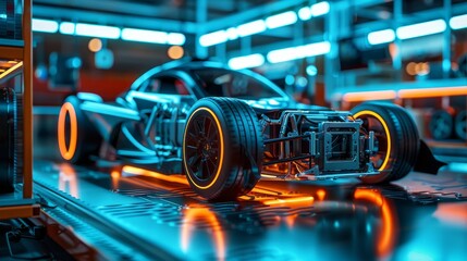 Obraz premium Futuristic electric sport fast car chassis and battery packs with high performance or future EV factory production