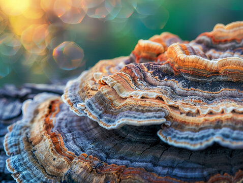 Close-up layered fungus on wood, macro science shot, colorful and clear, natural backlight
