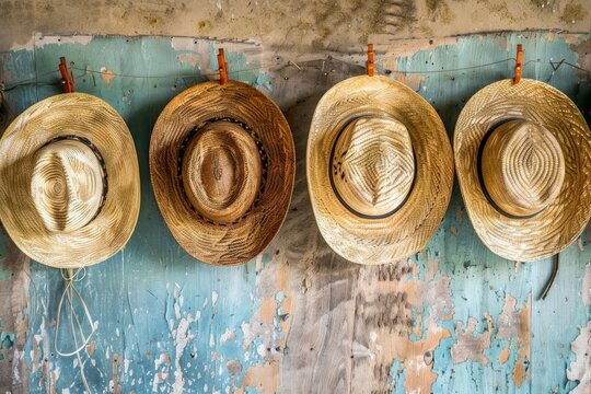 Row of straw cowboy hats hanging on a wall