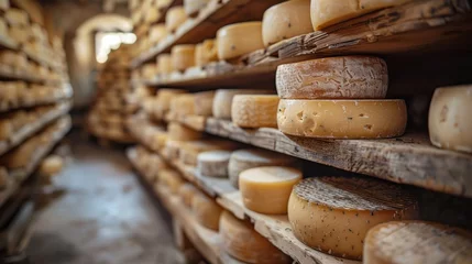 Fotobehang Rustic cellar housing rows of cheese wheels maturing gracefully © deafebrisa