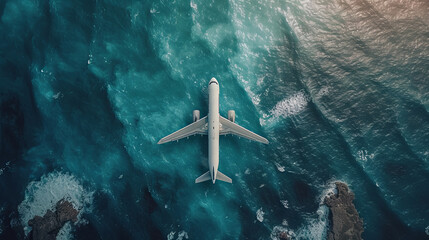 Fototapeta na wymiar Aerial view Airplane flies over a sea, vacation time