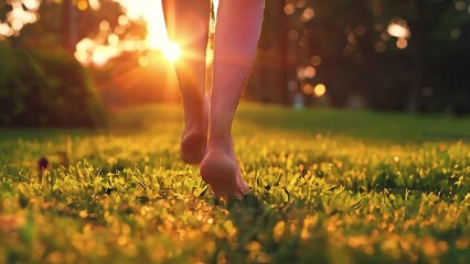 Unrecognizable person's bare feet on green grass at sunset with orange sunrays.