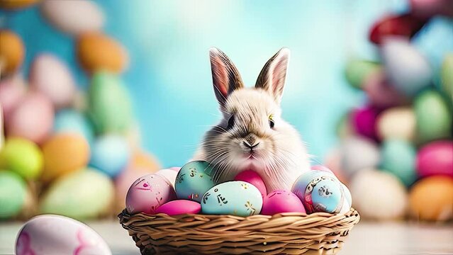 Cute Easter bunny in wicker basket surrounded by pastel blue and pink Easter eggs.
