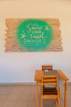 Tropical themed artwork in a resort restaurant; Cayo Gulliermo, Cuba