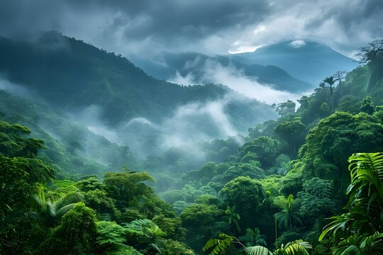 Lush green Costa Rican rainforest scenery in North America natural background. Concept Travel Photography, Rainforest Ecosystems, North American Landscapes, Eco-Friendly Destinations © Anastasiia