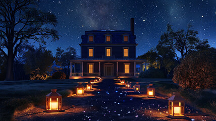 Visualize a cozy, two-story symmetrical house with deep navy blue walls, crisp white trims, under a starry night sky, its path lined with glowing lanterns - obrazy, fototapety, plakaty