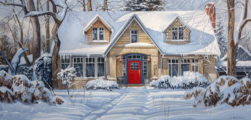 Winter's touch, the house in warm beige, a ruby door, slate blue trim under a blanket of snow and icicles - obrazy, fototapety, plakaty