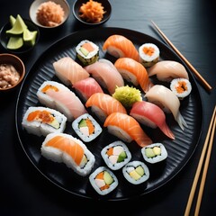 Black plate of assorted delicious sushi with chopsticks