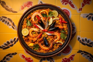 Hearty paella on a plastic tray against a ceramic mosaic background