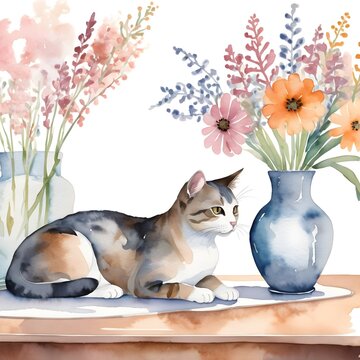 Watercolor illustration of cute calico cat lying on table next to vase of flowers.