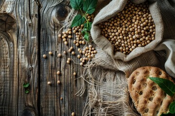 Sack full of soybeans on rustic wooden table with soybean bread and leaves in the countryside. Top view.