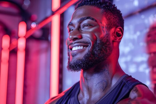 Smiling Man With Beard in Room With Neon Lights. Generative AI