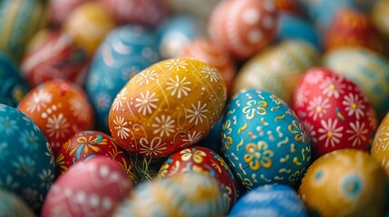 Fototapeta na wymiar Pile of Easter eggs adorned with festive designs, a joyful celebration of spring