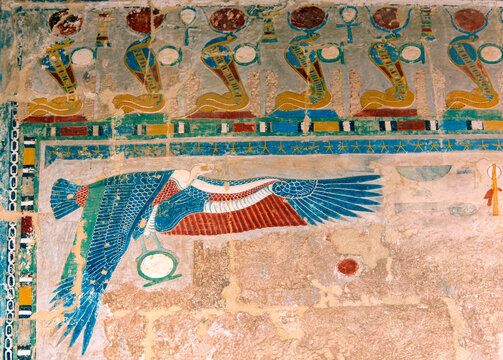 Mortuary temple of Hatshepsut showing wall painting detailed mural inside Queen Hatshepsut Temple in Valley of the Kings near Luxor, Egypt; Egypt