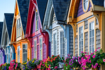 A close-up of a row of miniature, brightly colored houses with exceptional detail, including window...