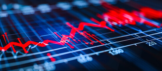 Vibrant stock market graph lines on a digital screen, showcasing red and blue trading data, ideal for financial analysis and investment strategies themes, backgrounds. - obrazy, fototapety, plakaty