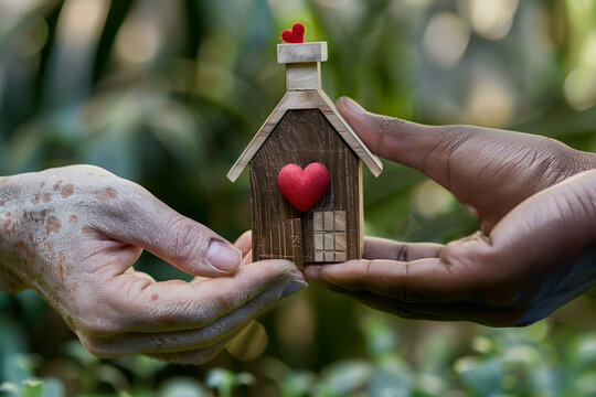 A close-up of two hands, with different skin tones, holding a small, finely detailed wooden house with a tiny red heart attached to
