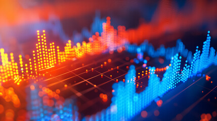 Dynamic data visualization - background: Glowing red and blue graphs depict intricate financial trends or stock market insights.