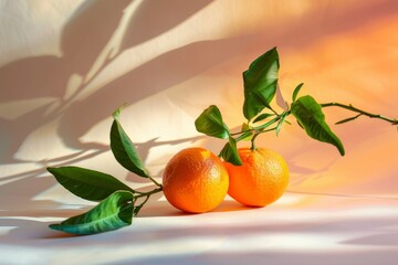 Satsuma tangerine orange on branch with leaves on gradient background with shadow.