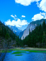 Jiuzhaigou Valley, Aba Qiang and Tibetan Autonomous Prefecture, Sichuan Province - beautiful lakes and mountains under the blue sky