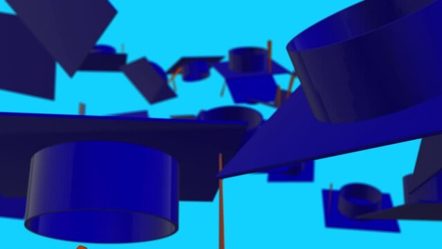 Levitating 3D Student hats on a blue screen. Educational parallax animation in 4K stock video with master's caps in the air.