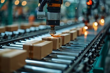 A robotic arm precisely positions a part on a manufacturing conveyor belt. - obrazy, fototapety, plakaty