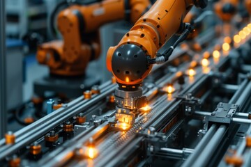 Orange robotic arms working on an automated assembly line.