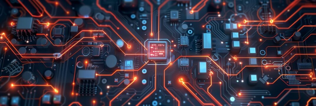 Futuristic circuit board maze glowing with data flow, the heart of machine intelligence