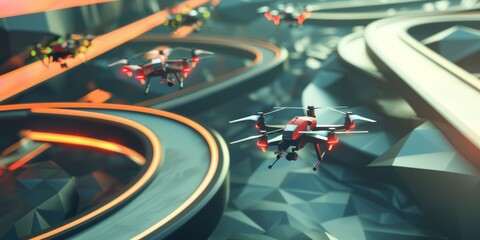 A 3D scene of a drone racing competition, with high-speed drones maneuvering through complex obstacles - obrazy, fototapety, plakaty