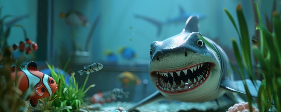 A 3D rendering of a shark as a dentist, checking the teeth of fish in an underwater clinic
